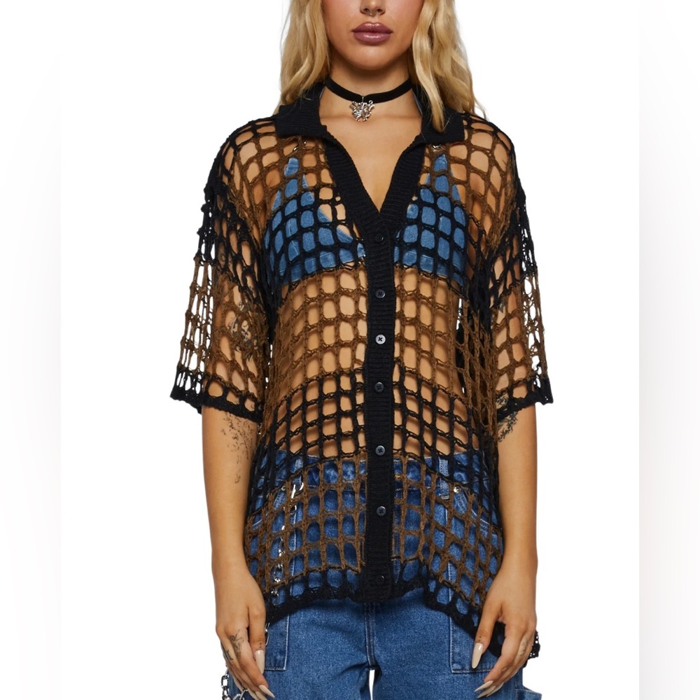 Ragged Priest Open Knit Crochet Button Uo T Shirt